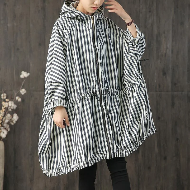 Fine striped drawstring Coat Women plus size Winter coat fall coats hooded