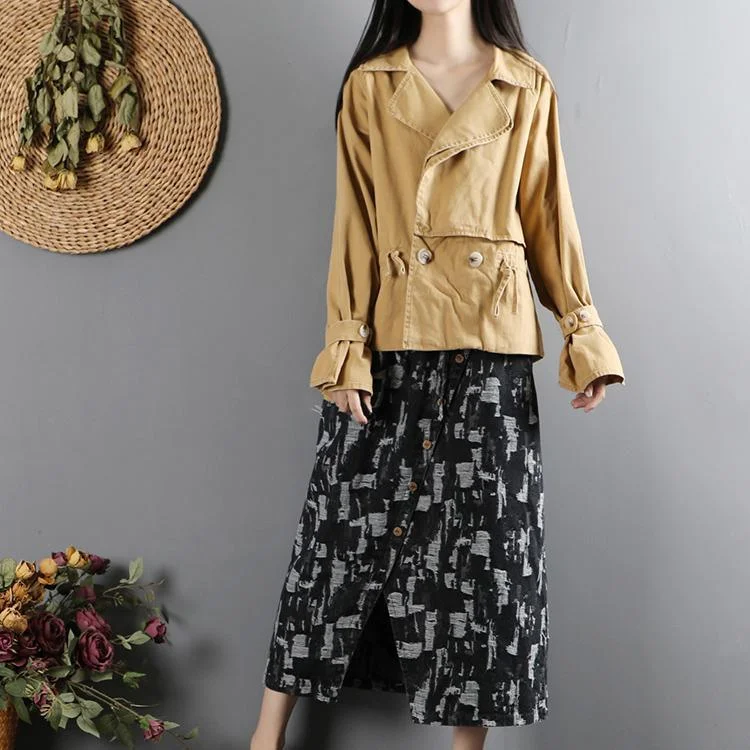 Organic drawstring Fine lapel collar tunic coats khaki Art jackets